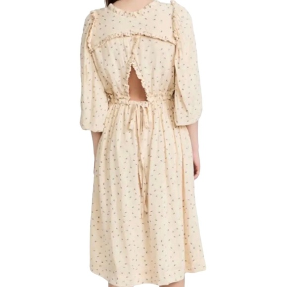 Munthe Curtis Floral Midi Dress Cream Size 38 Back Cutout Ruffle Trim - Picture 2 of 13